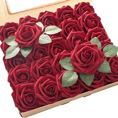 Image of Floroom Artificial Flowers 25pcs Real Looking Dark Red Foam Fake Roses with Stems for DIY Wedding Bouquets Bridal Shower Centerpieces Party Decorations
