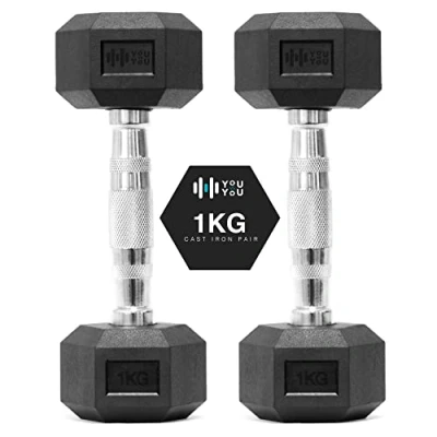 Image of You vs Hex Dumbbells Weights Pair for Home Exercise 1kg Set of 2 Hexagonal Weight Rubber Encased Fitness Gym Workouts Training Muscle Building &amp; Conditioning Unisex Strength