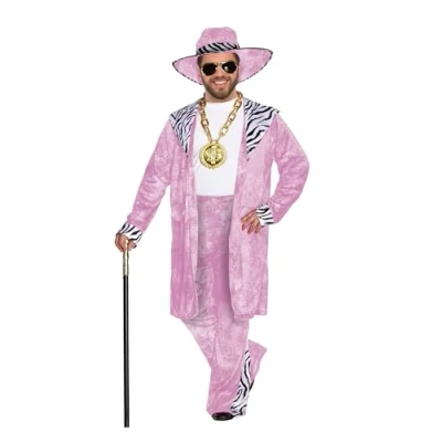 Image of HENBRANDT Adult Men’s XL Pink Velvet Suit with Zebra Print Detail and Matching Hat 1970s Big Daddy Gangster Pimp Dress Up Outfit One Size Mens Fancy Costume