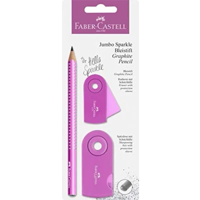 Image of Faber Castell Jumbo Sparkle Pencil, Eraser and Sharpener Pearl Pink 111677