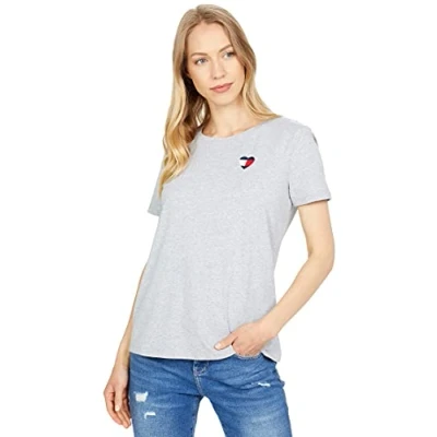 Image of Tommy Hilfiger Women&#039;s Crew Neck Logo Tee, Stone Grey Heather Heart, XX Large