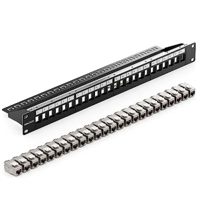Image of deleyCON 24 Port CAT7 Patch Panel Set Distribution Modular 1 U 19 Inch Rack Mounting + 24x CAT 7 Keystone Module RJ45 LAN Network 10 Gbit/s 600 MHz Installation Cable Black