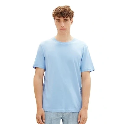 Image of TOM TAILOR Denim Men&#039;s Basic T Shirt with Logo Print, 32245 washed Out Middle Blue, L