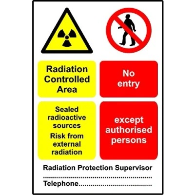 Image of Radiation controlled area no entry safety sign Self adhesive sticker 300mm x 200mm