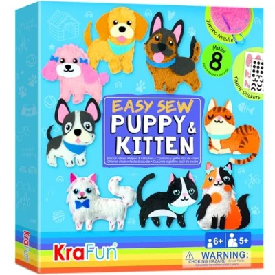 Image of KRAFUN Easy Sewing Kit for Beginner Kids Arts &amp; Crafts, 8 DIY Projects of Stuffed Animal Dolls Puppies Kittens, Dogs and Cats, Instructions Felt, Gift Girls, Boys, Learn to Sew