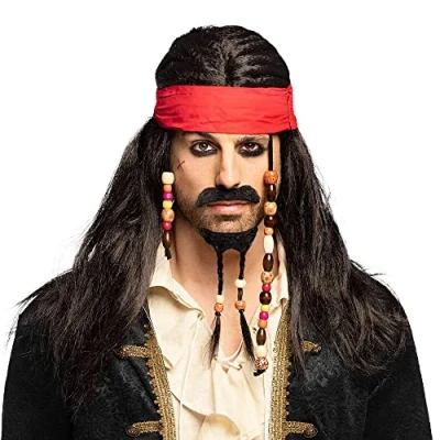 Image of Boland 8236897 Black Pirate Wig Straight Hair, Retro Style Costume Accessory for Adults Standard Size Cosplay, Halloween, and Themed Events