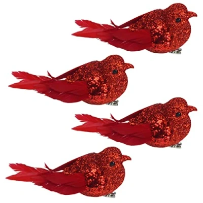 Image of Davies 4 Pack 9cm Clip on Glitter Birds Christmas Decoration Red