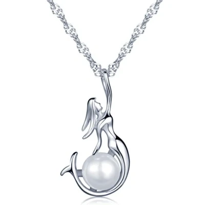 Image of Infinite U Fashion Little Mermaid Sea Maid 925 Sterling Silver Rhodium Plated Pearl Pendant Necklace for Women/Girls,