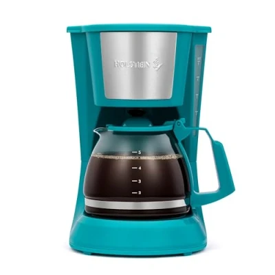 Image of Holstein Housewares 5 Cup Drip Coffee Maker Convenient and User Friendly with Permanent Filter, Borosilicate Glass Carafe, Water Level Indicator, Auto Pause/Serve Keep Warm Functions, Teal
