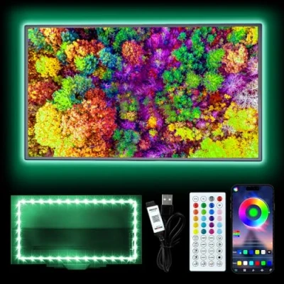 Image of HEXJOSGL LED Light for TV, 9.84ft Strip 32 45 Inch RGB TV Backlight Behind, Music Sync Bluetooth APP &amp; Remote Control, 5V USB Powered Living Room/Bedroom