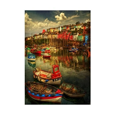 Image of Wee Blue Coo Photo Cityscape Brixham Devon England Boats Harbour Wall Art Print