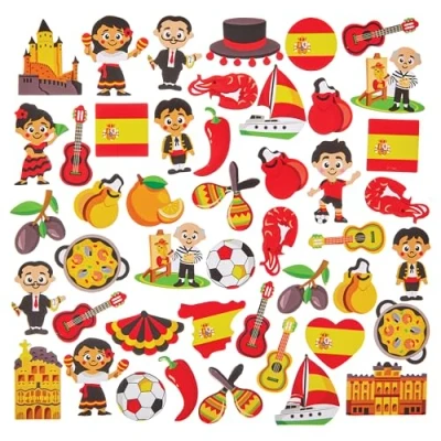 Image of Baker Ross FN047 Spain Foam Stickers Pack of 150, Spanish for Kids Crafts and Cards