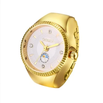 Image of JewelryWe Unisex Finger Ring Watch: Men Women Gold Elastic Stretchable Band Round Dial Stainless Steel Quartz Watches