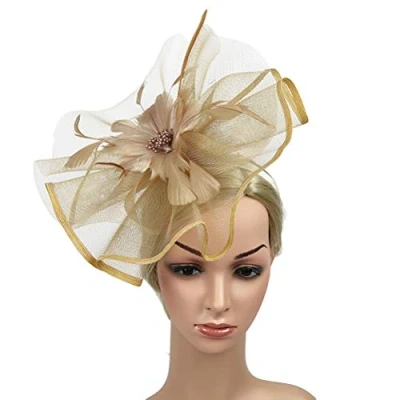 Image of Lurrose Wedding fascinator hat mesh headdress cocktail head piece for women (Gold)