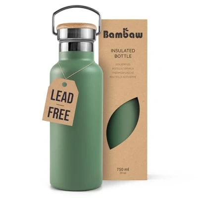 Image of Bambaw Insulated Water Bottle 750ml, Green Bottle, Stainless Steel Leakproof Hiking 750ml Sage