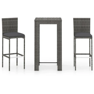 Image of vidaXL 3 Piece Garden Bar Set with Cushions in Poly Rattan Grey Square Table Footrest Stools for Outdoor Comfort Durable and Weather resistant Furniture