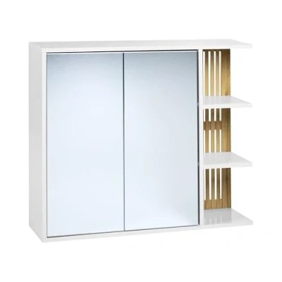 Image of Bathroom Wall Mounted Mirror Cabinet MDF Bamboo Shelves Storage Furniture White and Light Wood Nubes