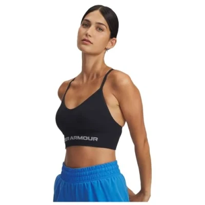 Image of Under Armour Women&#039;s Vanish Seamless Low Bra, Impact Sports Bra for Training, Yoga and Pilates, Ladies&#039; Gym Wear with Removeable Cups,Black / Steel,XS