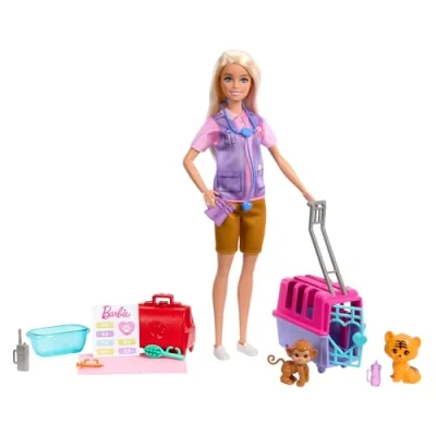 Image of Barbie Careers Doll &amp; Accessories, Animal Rescue Recovery Playset with Blonde Doll, Baby Monkey Tiger Figures, Carrier More, HRG50