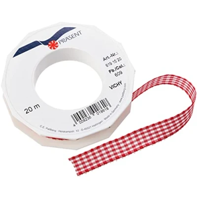 Image of Präsent Vichy Wired Ribbon Red White 15 mm width, 20 m length