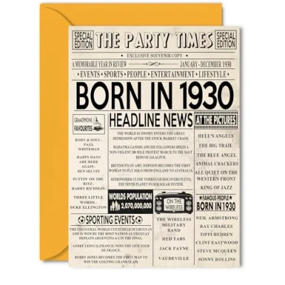 Image of 94th Birthday Cards for Women Men Born In 1930 Newspaper Happy 94 Card Grandma Grandad Nan Vintage Retro Back 1930, 5x7 Inch Ninety Four Fourth Bday Greeting