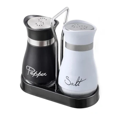 Image of Pack of 2 Salt and Pepper Pots with Holder Shaker Set Pot Kitchen Accessories (White &amp; Black)