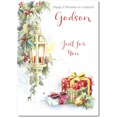 Image of doodlecards Godson Christmas Card Lamp and Parcels Medium Size for with Plain Envelope