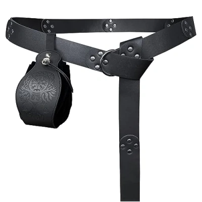 Image of HiiFeuer Medieval Rivets Belt with Portable Phoenix Drawstring Pouch, Retro Renaissance Faux Leather and Purse Set for LARP (Black A)