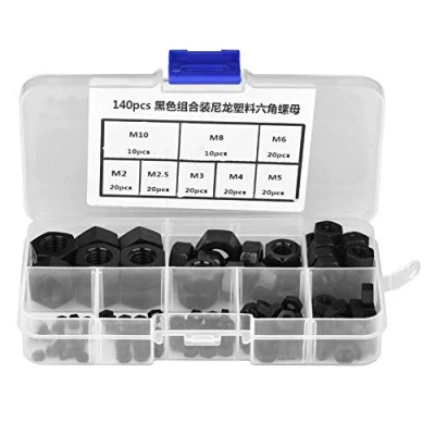 Image of Akozon Hex Nut, 140pcs M2/M2.5/M3/M4/M5/M6/M8/M10 Thread Nylon Plastic Hexagonal Nuts (Black)