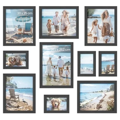 Image of SONGMICS Set of 10 Picture Frames, Two A4, Four 20 x 25 cm (8 Inches), 15 (4 6 Plastic Front, MDF, Ink Black RPF311B01