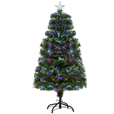 Image of HOMCOM 4FT Multicoloured Artificial Christmas Tree w/Fibre Optic Lights Pre Lit Modes Metal Stand Star Holder Home Seasonal Decoration