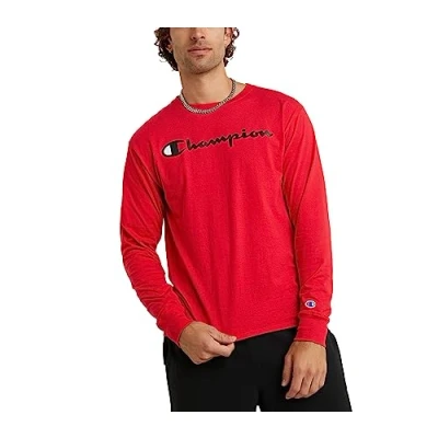 Image of Champion Men&#039;s Classic Jersey Long Sleeve Graphic T shirt Shirt, Scarlet/Chest Script, L UK