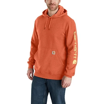 Image of Carhartt Men&#039;s Loose Fit Midweight Logo Sleeve Graphic Sweatshirt Hooded Sweatshirt, Desert Orange Heather, S