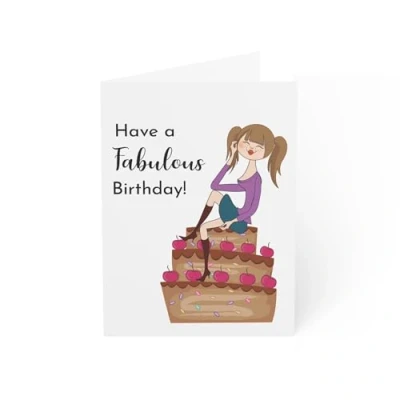 Image of Birthday Card for Her Fabulous Wishes with Cake Design 6 x 8 Inch Made in UK Includes White Envelope Blank Inside Sustainable Materials