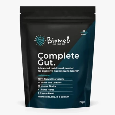 Image of Biomel Complete Gut Unflavoured 4 in 1 Health Powder with Diverse Fibres 150g/30 Servings Vegan Friendly Gluten Free Live Cultures for Delicious &amp; Effective