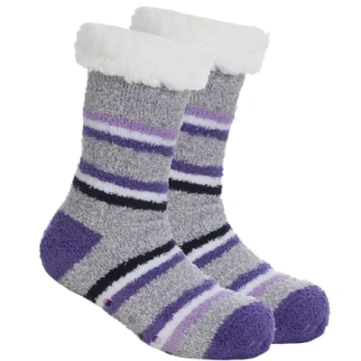 Image of Metzuyan WS AW23 Ladies 1 Pair Striped Lounge Socks with Sherpa Fleece Thermal Bed Non Slip Grippers 4 8 Purple