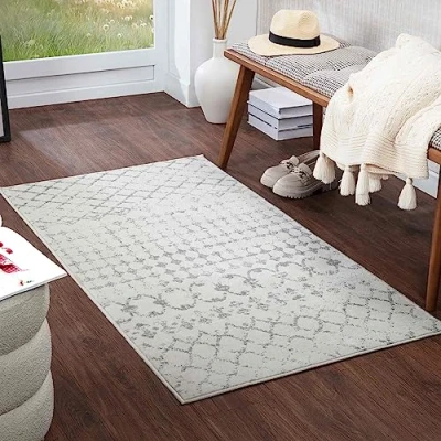 Image of Livabliss Santiago Geometric Rug Scandi Runner Rugs Living Room 80x150 cm, Hallway, Kitchen Neutral, Patterned Carpet Runners, Boho Style, Easy Care Large Rug, Ivory and Grey