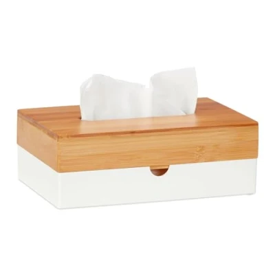 Image of Tissue Box, Bamboo Lid, for Bathroom, Paper Dispenser, h x w d: 8.5 23.5 15 cm, Plastic, White/Natural Relaxdays