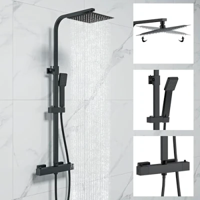 Image of Simple Bathrooms Thermostatic Shower System, Square 38℃ Mixer Set with Rainfall Head, Handheld Shower, Riser Rail, Adjustable Height Anti Scald Matte Black