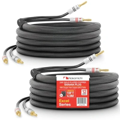 Image of Nakamichi Excel Series 24k Gold Plated Banana Plug with (15 Feet) Speaker Cable Wire 99.9% Oxygen Free Copper (OFC) Heavy Duty Braided In Wall CL2 Rated Black (12AWG / 15ft 4.5m) 2 Pack