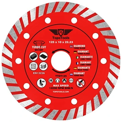 Image of 1 x TopsTools TTDT125 125mm (5&quot;) 10mm 22.23mm Bore Turbo Diamond Angle Grinder Circular Saw Blade Compatible with Bosch Dewalt Makita Milwaukee and Many Others