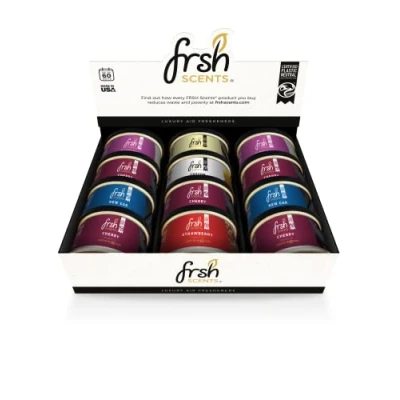 Image of FRSH Scents FR 12CT Variety Pack of 12 Cherry, Bubblegum, New Car, Strawberry, Linen &amp; Vanilla Scented Organic Tin Air Freshener 60 Days Lifespan Ideal for your Home Workplace