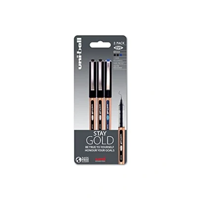 Image of Uni Ball UB 150 10 Eye On Point Stay Gold Broad Ballpoint Black and Blue Pens. Premium 1.0mm Rollerball Tip for Super Smooth Handwriting. Fade Water Resistant Liquid Ink. Pack of 3
