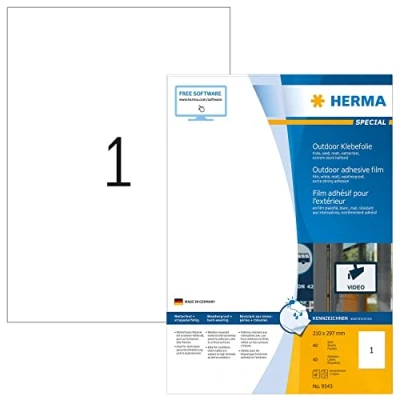 Image of HERMA Self Adhesive Film Labels, 1 Label per A4 Sheet, 40 Sheets, 210 x 297 mm, Blank Weatherproof Labels Stickers, Sticky for Laser &amp; Inkjet Printer, White