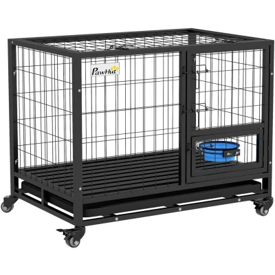 Image of PawHut 36&quot; Heavy Duty Dog Crate with Bowl Holder, Cage on Wheels Removable Tray, Openable Top, Detachable Door, Indoor Outdoor Use, for Medium and Large Dogs Black