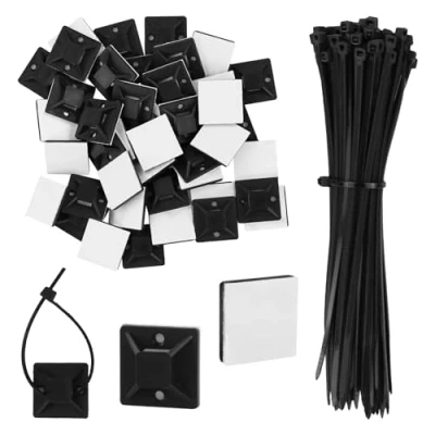 Image of 100 Pack Cable Ties Self Adhesive Tie Base Holders with Multi Purpose Sticky Pads(Black Nylon Zip Length 150mm,Cable Mount Width 18mm) for Home Office