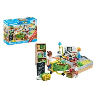 Image of Playmobil 71648 MyLife: Organic Supermarket Promo Pack, including checkout with conveyor belt, shopping trolley, and three figures, detailed play sets suitable for children ages 4+