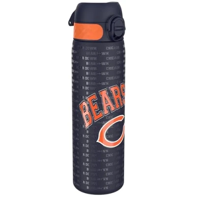 Image of ION8 Steel Water Bottle, 600 ml/20 oz, Leak Proof, Easy to Open, Secure Lock, Dishwasher Safe, Flip Cover, Fits Cup Holders, Carry Handle, Durable, Metal Raised Print, NFL Bears Design