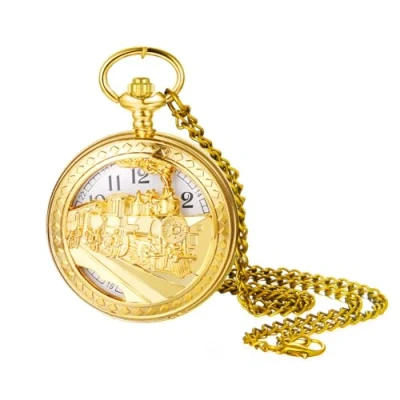Image of JewelryWe Men Women Pocket Watch: Gold/Silver Tone Vintage FOB Watches Train Necklace Pendant Watch with Chain
