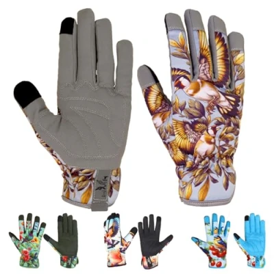 Image of HMH Gardening Gloves for Women Ladies Garden with Touchscreen Finger, Work Yard, Garden, Cleaning, Camping, Landscaping, Safety (D Sparrow, XL)